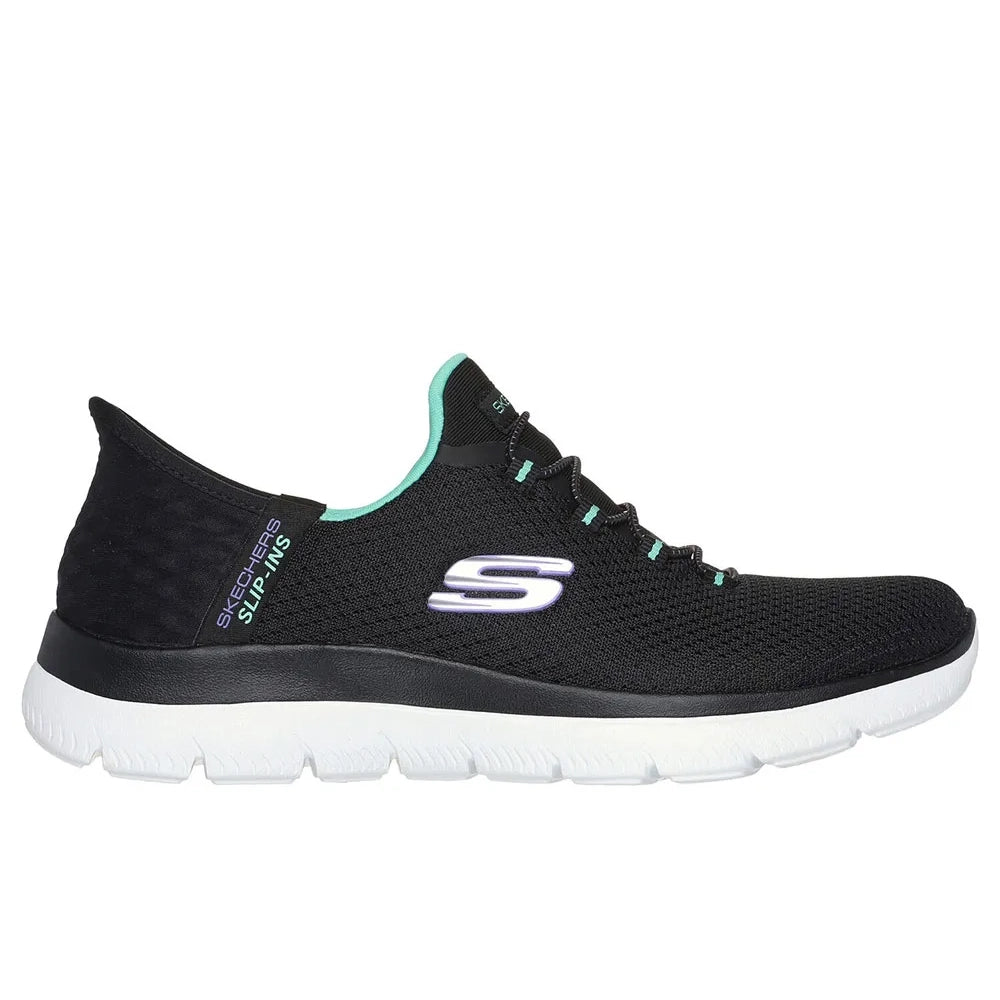 Zapatillas SKECHERS Slip-Ins Summits Diamond Dream para mujer en color negro con detalles turquesa y suela blanca