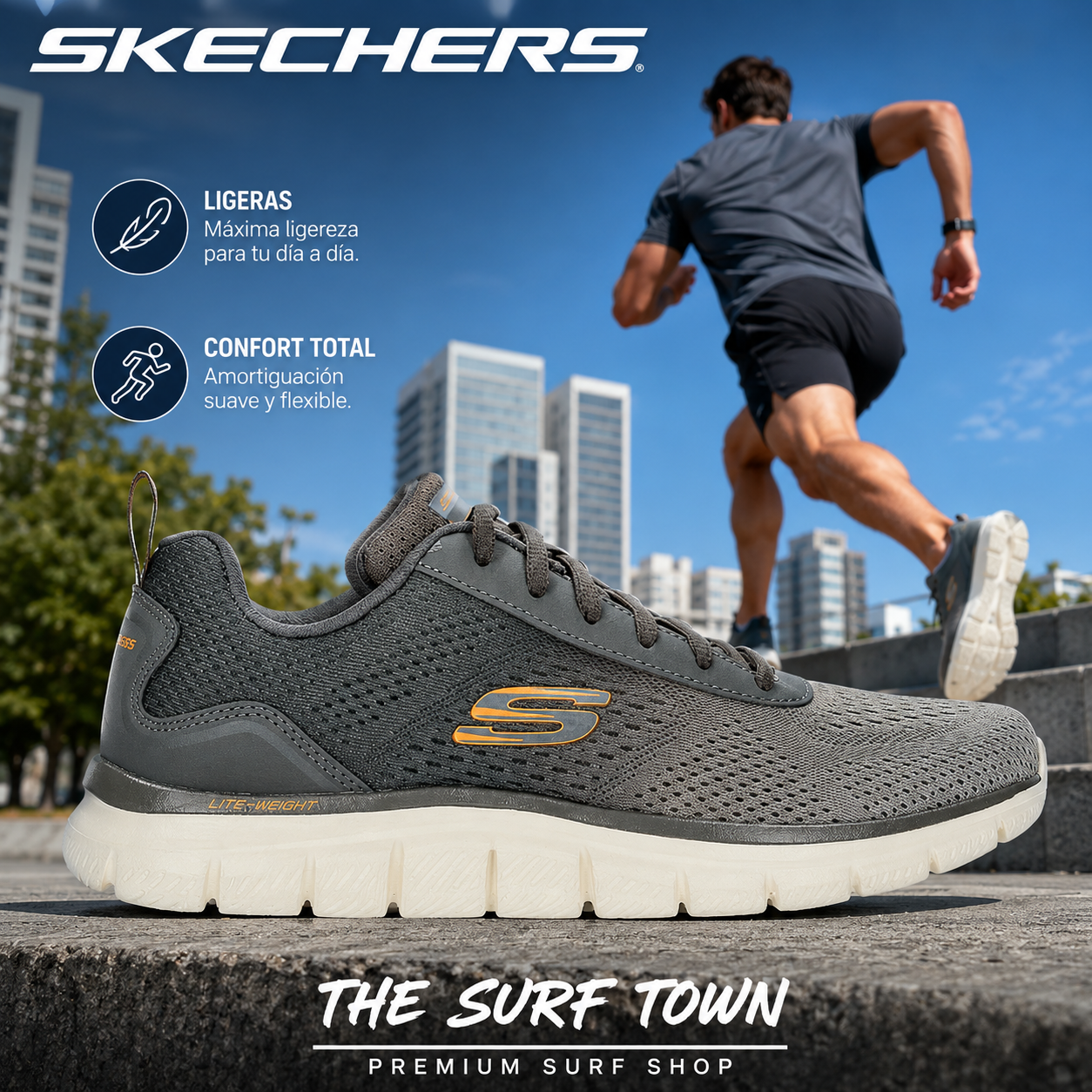 Zapatillas Skechers Track Ripkent Olive para hombre en imagen editorial propia de THE SURF TOWN, diseño deportivo ligero en color olive con suela flexible.