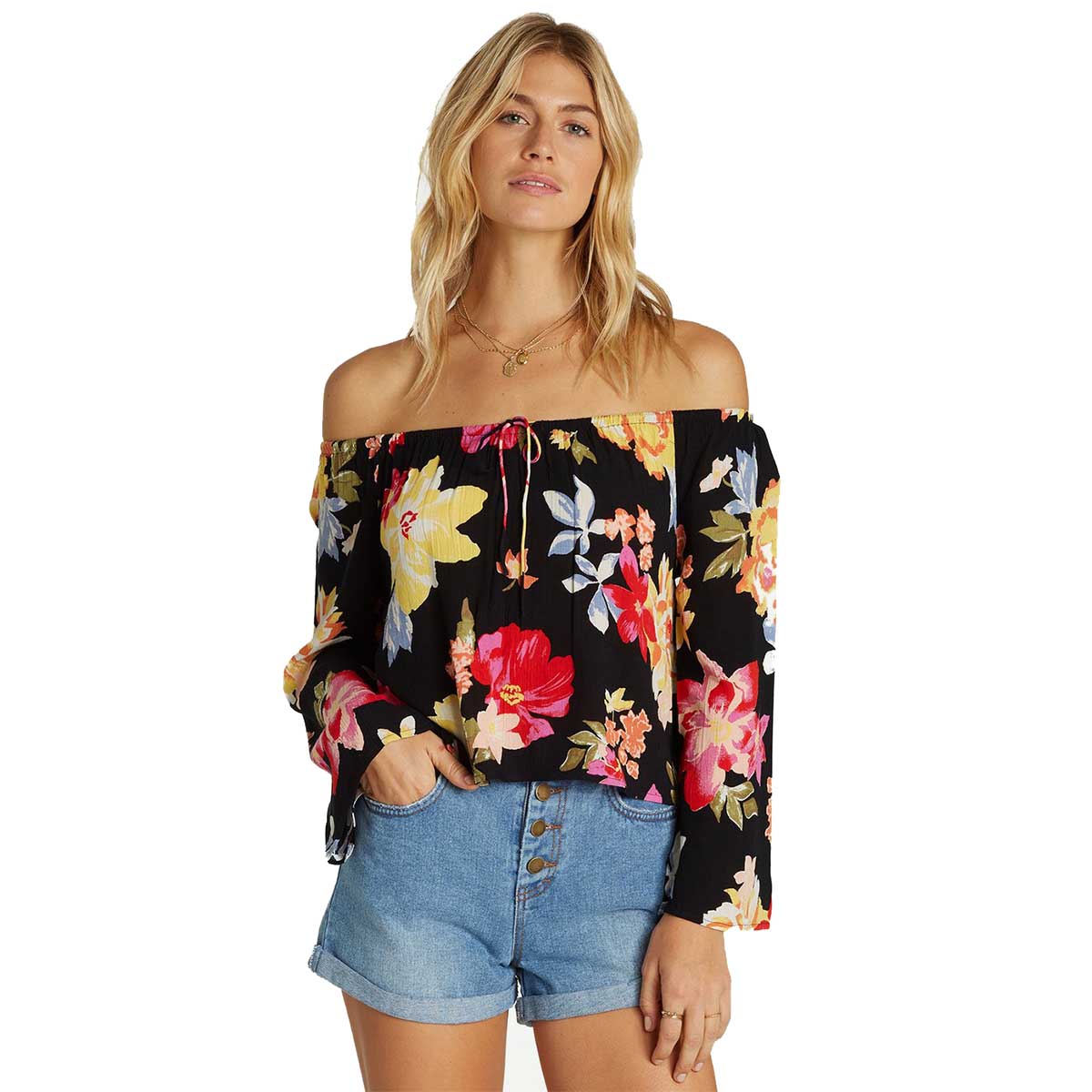 Blusa BILLABONG Light It Up floral con hombros descubiertos y mangas largas amplias para mujer