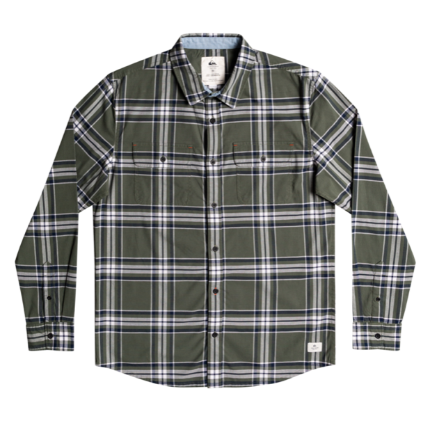 Camisa de cuadros de algodón en color verde militar y gris, con bolsillos en pecho y etiqueta de la marca Quiksilver. Estilo cómodo y relajado.