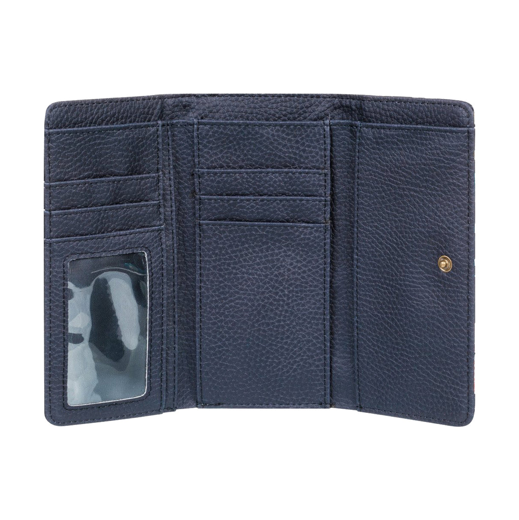 Interior de cartera Roxy con multitud de departamentos para tarjetas, billetes y dni