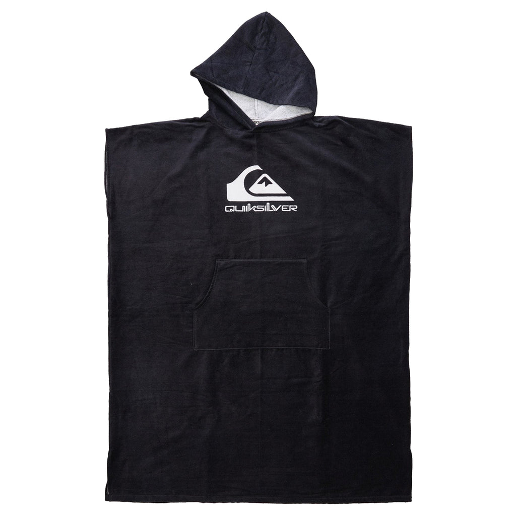 Poncho de toalla Quiksilver de color negro con logo en pecho, capucha y bolsillo frontal tipo canguro.