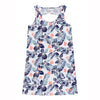 Roxy Warm Vibes Bright White Summer Spirit  Vestido estampado de flores tropicales en tonos azules, verde agua y salmón, sobre fondo blanco. Estilo holgado con vuelo, y tirantes anchos en tejido de rayas. Tela extra suave y elástica.