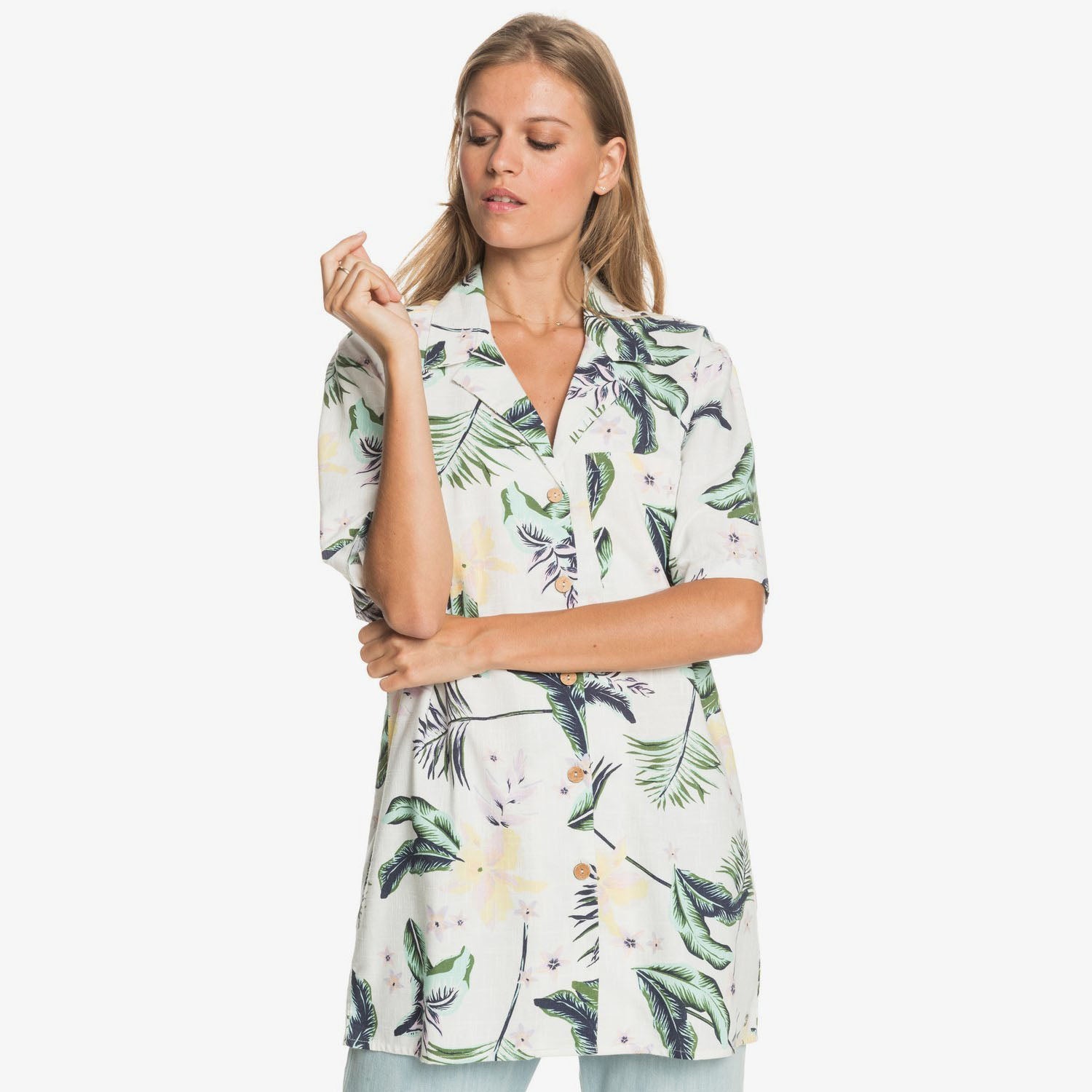 camisa ROXY mujer Caravan Of Sun blanca estampada tropical oversize verano