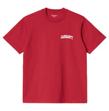 Camiseta de mangas cortas roja con logo letras Carhartt tipo university en blanco.