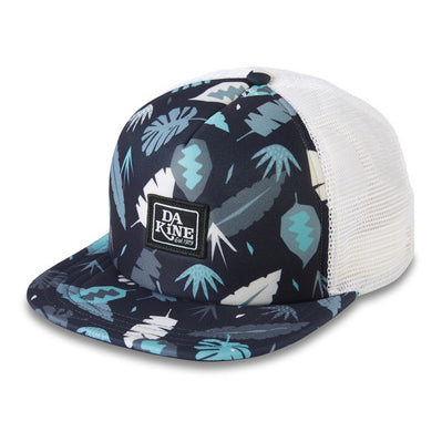 Gorra Dakine Hule Trucker Abstract Palms estampada con hojas abstractas, visera plana y rejilla blanca trasera con cierre snapback