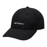 Gorra curva negra con logo bordado de Carhartt en el frontal, fabricada en tejido de lona muy resistente y cinta ajustable.