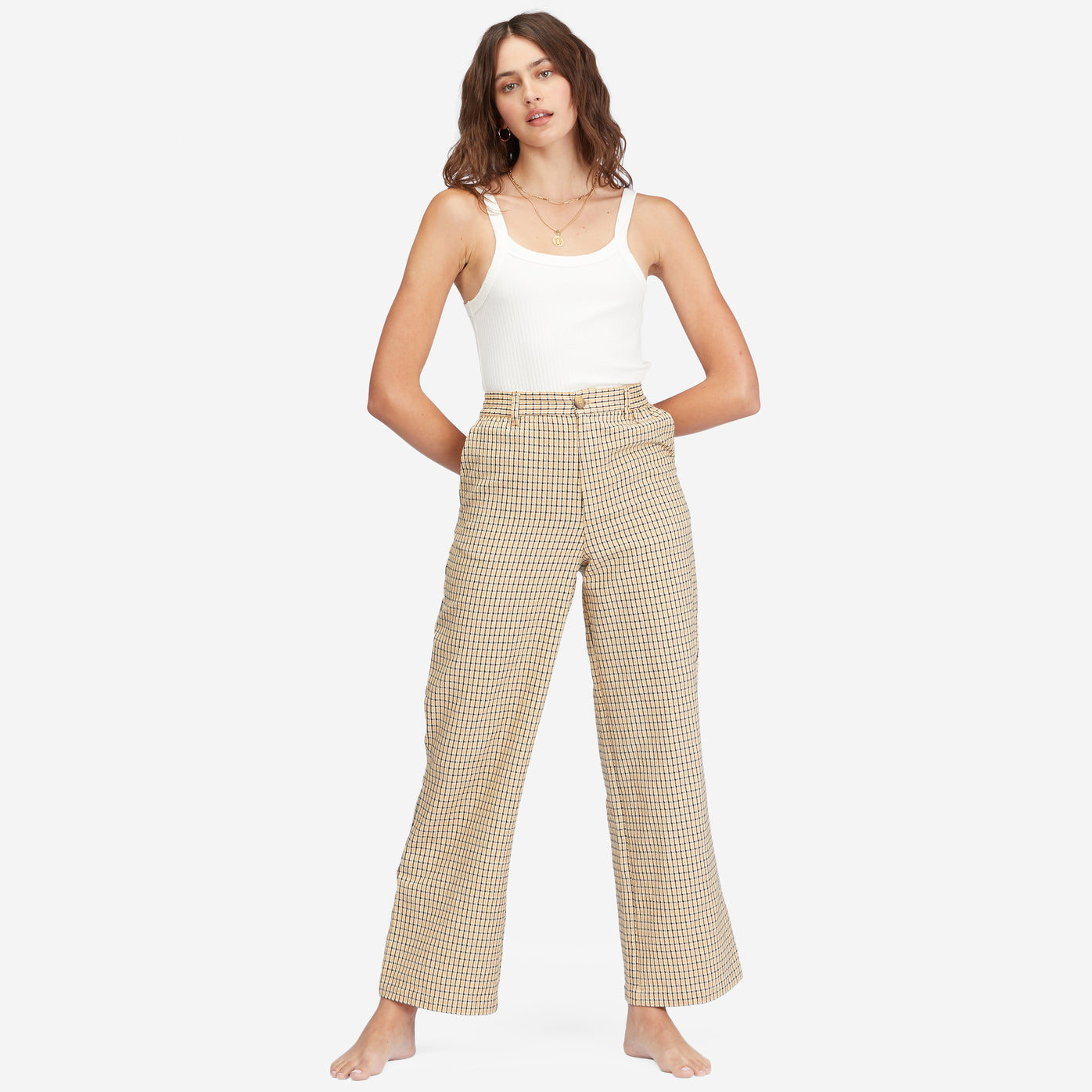Pantalón BILLABONG By The Clay Desert para mujer de cuadros en tonos pastel con pierna ancha y cintura alta