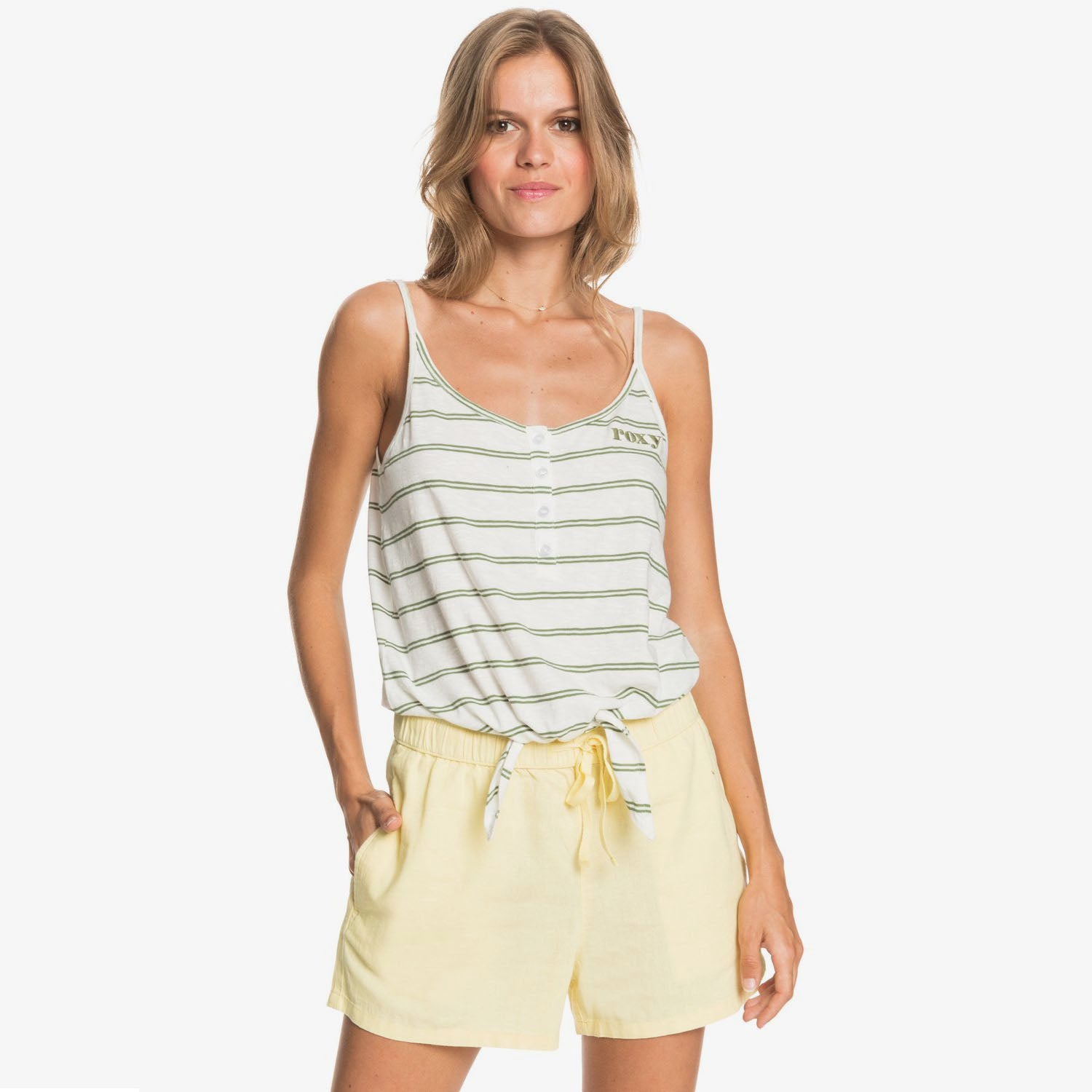 shorts ROXY mujer Love Square Pale Banana amarillos de lino y viscosa con cintura elástica verano