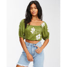 Top BILLABONG Sun City Fern verde con estampado floral y mangas abullonadas para mujer