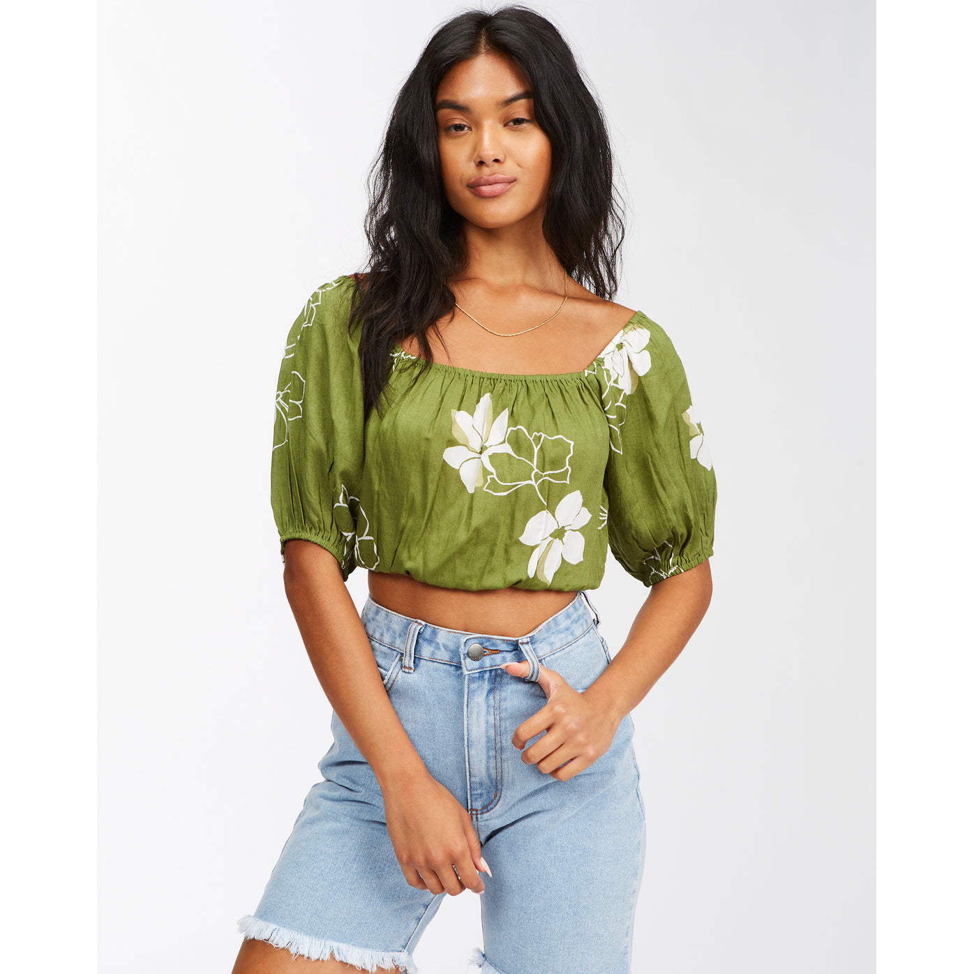 Top BILLABONG Sun City Fern verde con estampado floral y mangas abullonadas para mujer